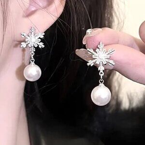 Earrings Snowflake Pearl Rhinestone Dangle Sparkle Ornaments Drop WInter Holiday
